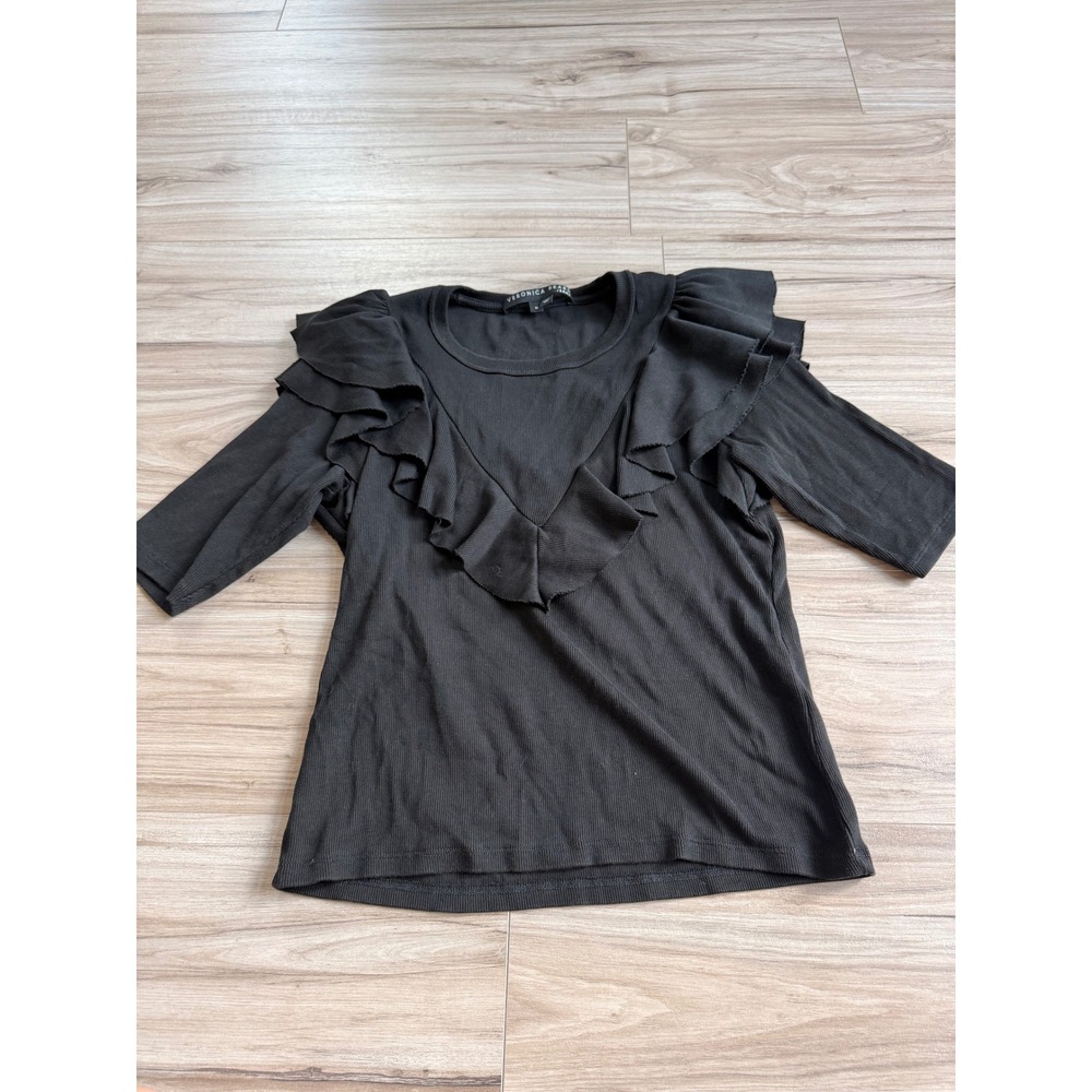 Veronica Beard Jeans Black Ribbed Ruffle V-Neck Top J2008JY0200829 Womens M